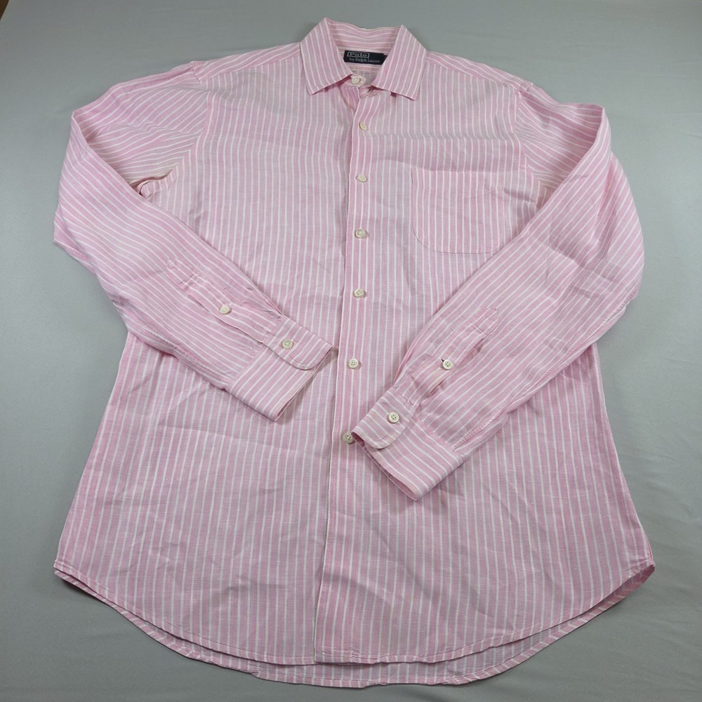 Polo Ralph Lauren Shirt Mens L Pink Stripe Linen Long Sleeve Button Up Casual